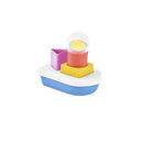 Colorful stacking boat toy with a boat-shaped base, featuring a red cylinder, yellow square, and purple triangle.