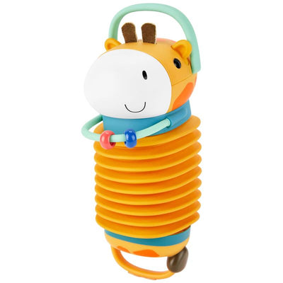 Accordion musical baby toy shaped like a giraffe, featuring colorful segments, a smiling face, and movable rings.