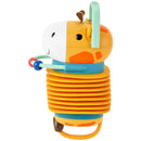 Accordion musical baby toy designed as a colorful giraffe, featuring stacking rings and a handle for easy gripping.