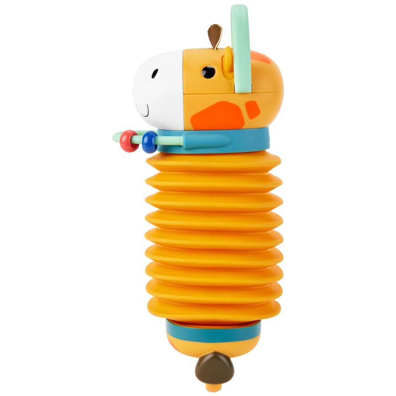 Accordion-style musical baby toy shaped like a giraffe, featuring colorful, textured segments and playful details.