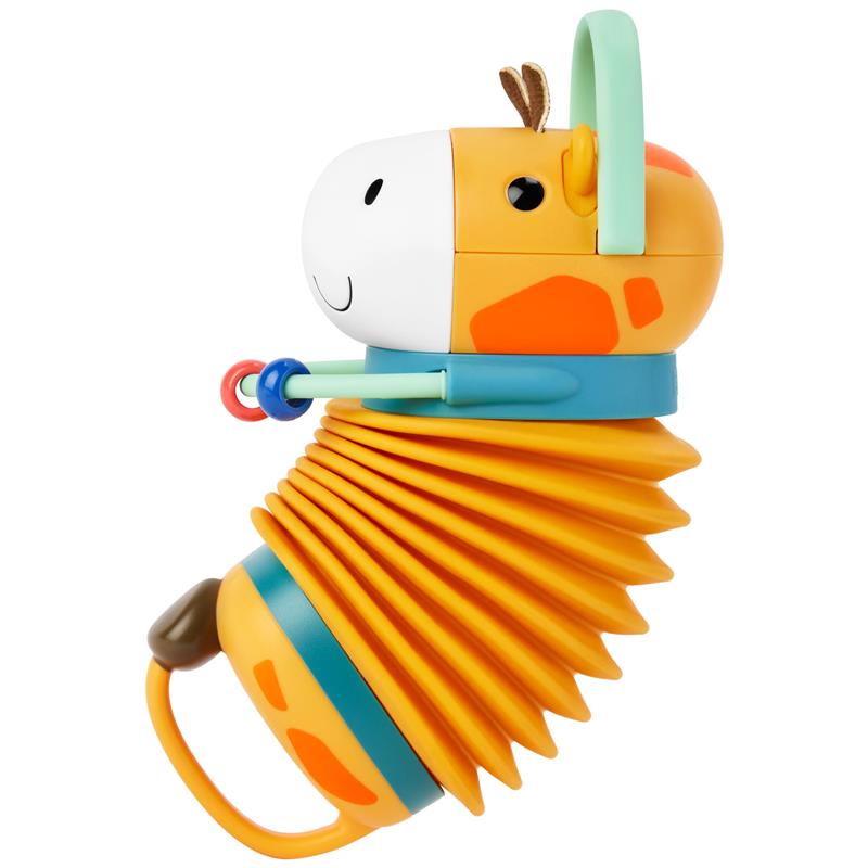 Accordion-style giraffe toy with colorful parts, designed to produce music for babies and toddlers.