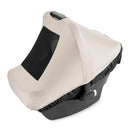 4-in-1 universal baby car seat cover in beige and black, designed for all seasons with a breathable mesh section.