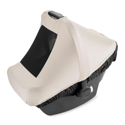 4-in-1 universal baby car seat cover in beige and black, designed for all seasons with a breathable mesh section.
