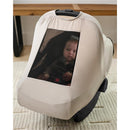 All Seasons Baby Car Seat Cover by Skip Hop, showing a neutral cover with a mesh panel featuring a baby seated inside.