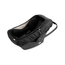 Black baby car seat cover with a soft inner lining, designed for universal fit, featuring a handle and safety straps.