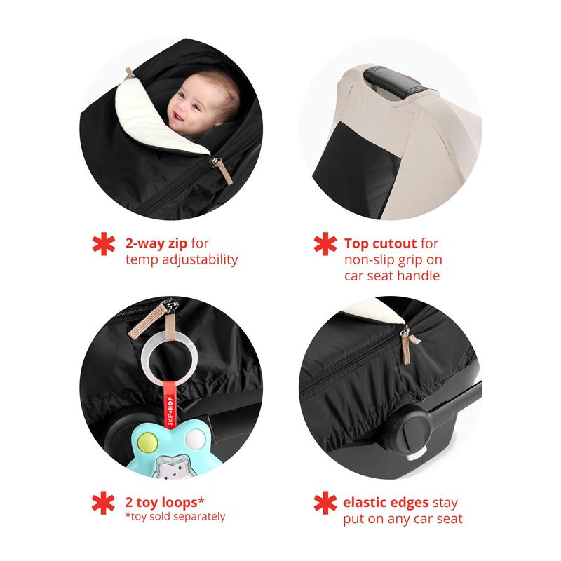 All Seasons Baby Car Seat Cover features 2-way zip for temperature control, top cutout for handle grip, and elastic edges for secure fit.