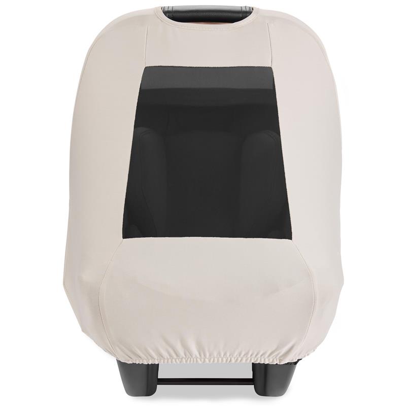 Universal baby car seat cover with a light cream exterior and a black mesh panel for ventilation.