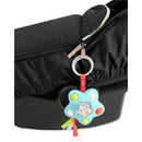 Black baby car seat cover with a zippered top and a colorful infant toy attached, designed for universal fit.
