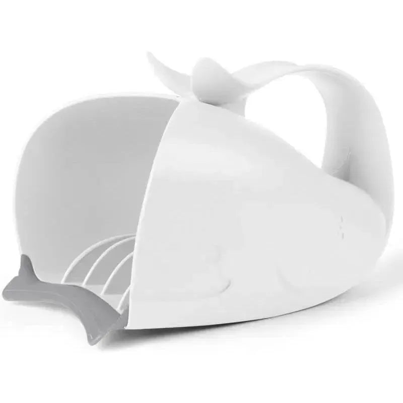 White whale-shaped bath rinser with a handle and a spout, designed for pouring water over babies during bath time.