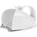 White whale-shaped bath rinser with a handle and a spout, designed for pouring water over babies during bath time.