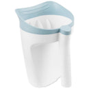 Baby bath rinse cup designed for tear-free rinsing, featuring a white body with a light blue top and a comfortable handle.