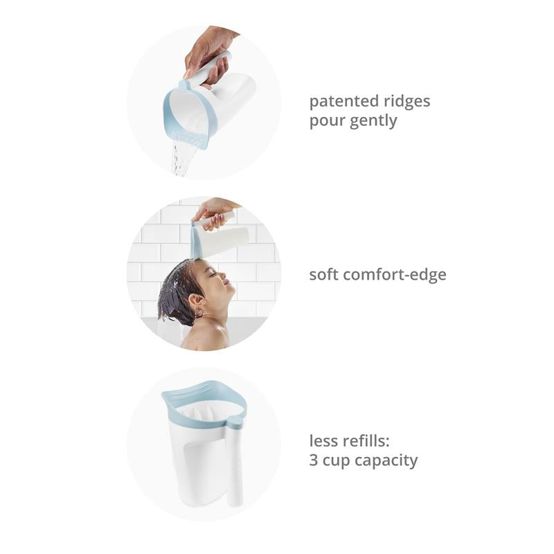 Skip Hop Baby Bath Rinse Cup Wave with soft comfort-edge, designed for gentle pouring and 3 cup capacity for less refills.
