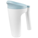Baby bath rinse cup designed to prevent tears with a blue top and ergonomic handle for easy pouring.