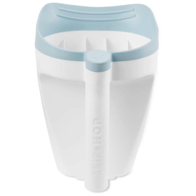 Baby bath rinse cup by Skip Hop features a white body with a light blue handle, designed for tear-free rinsing.