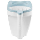 Baby bath rinse cup by Skip Hop features a white body with a light blue handle, designed for tear-free rinsing.