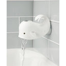 White whale-shaped spout cover, mounted on a tiled wall, with water flowing from its spout into a bathtub.