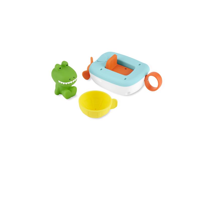 Skip Hop Baby Bath Toy Croc The Boat 3-Piece Set includes a green croc figure, a yellow scoop, and a blue boat.