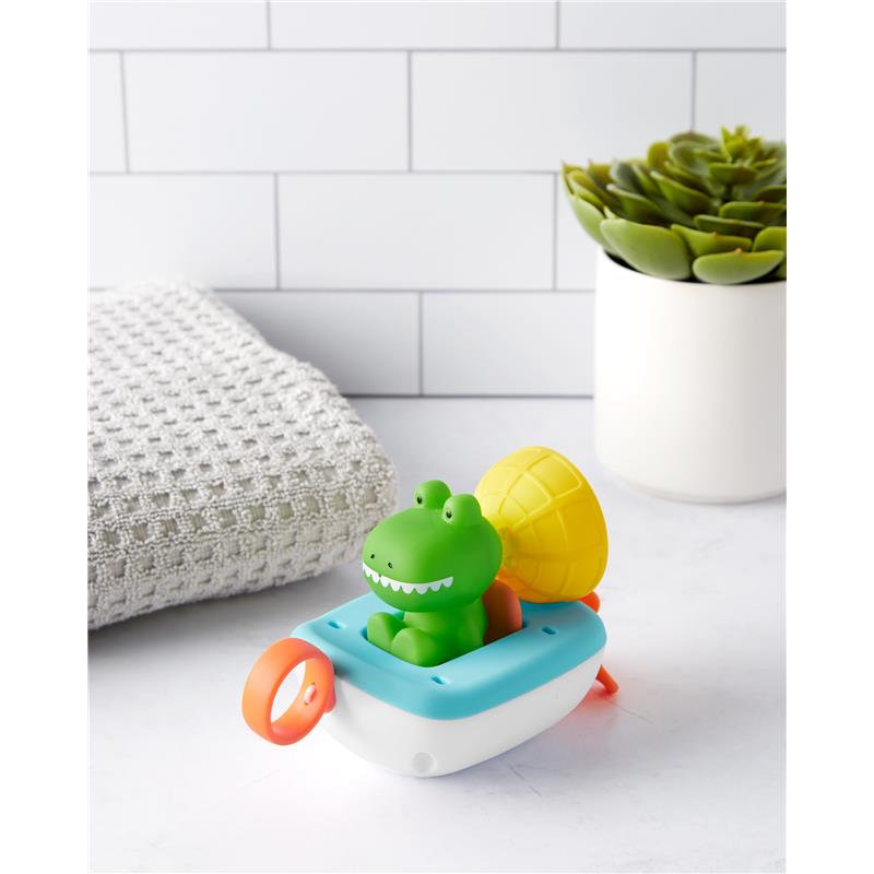 Skip Hop Baby Bath Toy Croc The Boat 3-Piece Set features a green croc character in a colorful boat with a yellow pineapple.