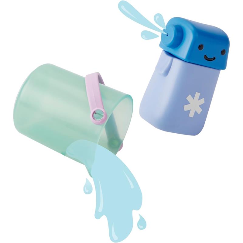 Baby bath toy set featuring a green bucket pouring blue water and a blue squirt toy with a smiling face.