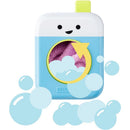 Skip Hop Baby Bath Toy Fresh & Clean Spin Cycle features a smiling container design with a colorful window showcasing a pink towel inside, surrounded by playful bubbles.