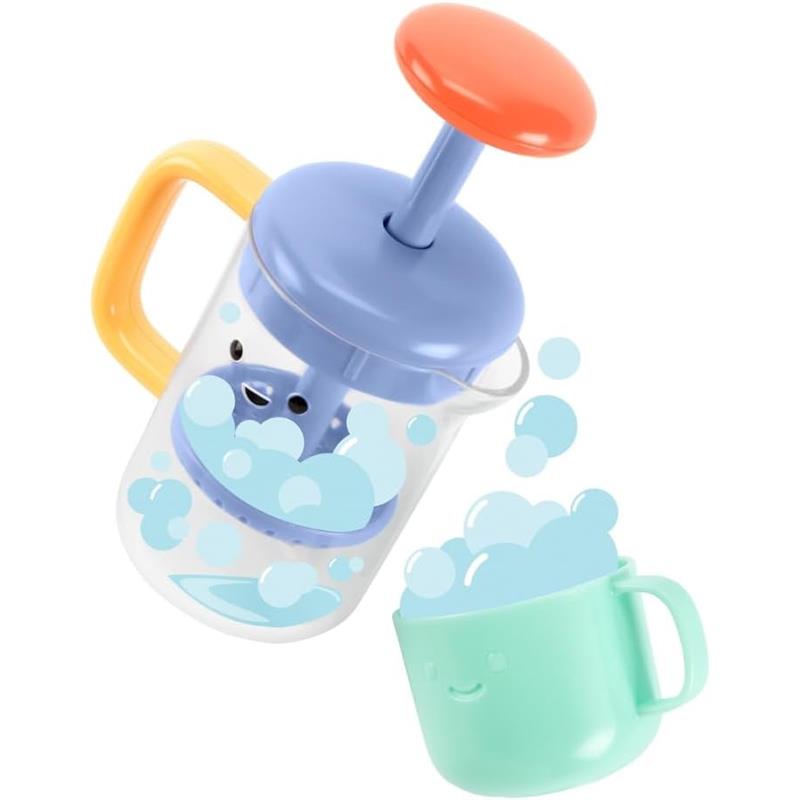 Baby bath toy set featuring a bubble maker with a smiling face and a pouring cup, promoting playful bath time activities.
