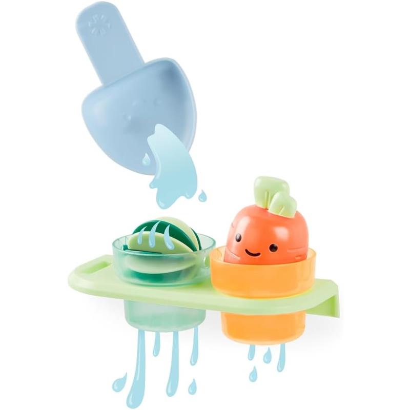 Colorful Skip Hop baby bath toy with a scoop, carrot figure, and water flow features for fun bathtime play.