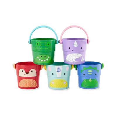 Colorful animal-themed stacking and pouring buckets for babies, featuring designs like a frog, unicorn, owl, and dinosaur.