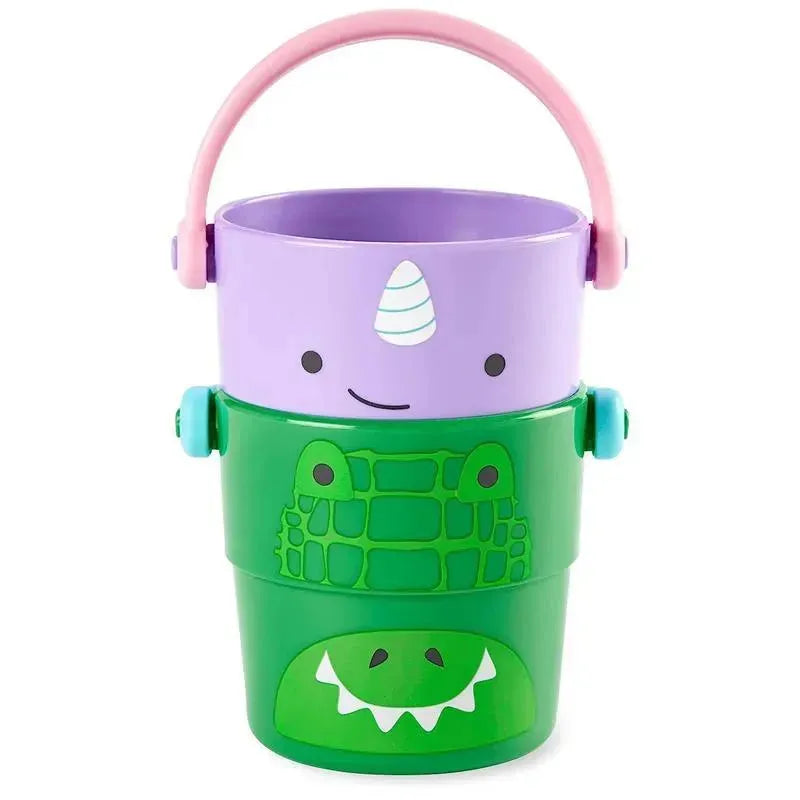Colorful baby bath toy featuring stackable buckets with cute animal faces, including a unicorn and a crocodile design.