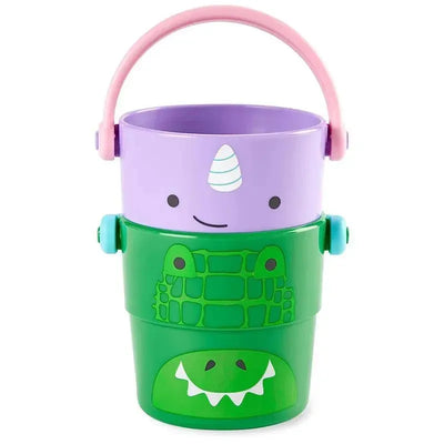 Colorful baby bath toy featuring stackable buckets with cute animal faces, including a unicorn and a crocodile design.