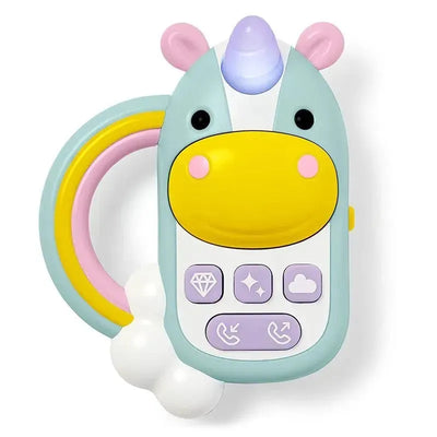 Colorful unicorn-shaped baby cell phone toy featuring buttons for sounds and activities, designed for infants and toddlers.