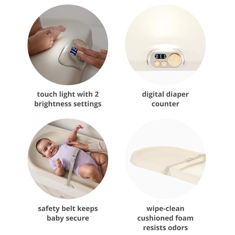 Baby changing pad with touch light, digital diaper counter, safety belt, and wipe-clean foam, in oatmeal color.