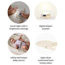 Baby changing pad with touch light, digital diaper counter, safety belt, and wipe-clean foam, in oatmeal color.