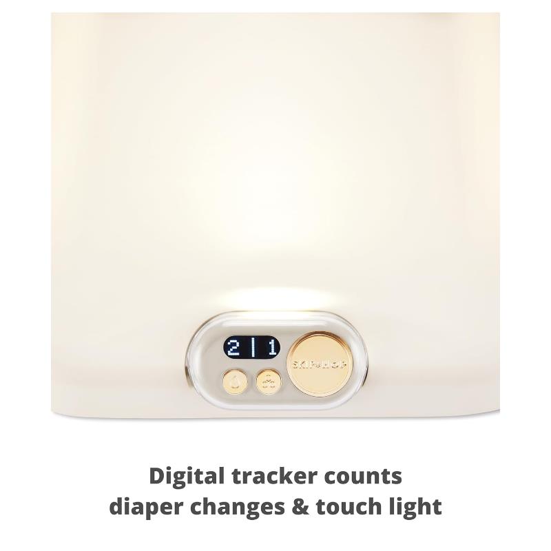 Digital changing pad in oatmeal color featuring a digital tracker displaying 211 diaper changes and a touch light.