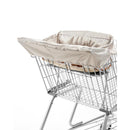 Baby shopping cart cover and high chair cover in oat color, displayed on a shopping cart with secure seatbelt.