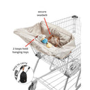 Skip Hop Baby Shopping Cart Cover in oat color with secure seatbelt, loops for toys, and easy carry design, fitted in a shopping cart.