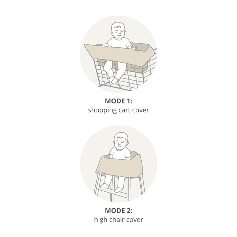 Skip Hop Baby Shopping Cart and High Chair Cover in oat, showing two modes: shopping cart cover with a child seated, and high chair cover.