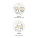 Skip Hop Baby Shopping Cart and High Chair Cover in oat, showing two modes: shopping cart cover with a child seated, and high chair cover.