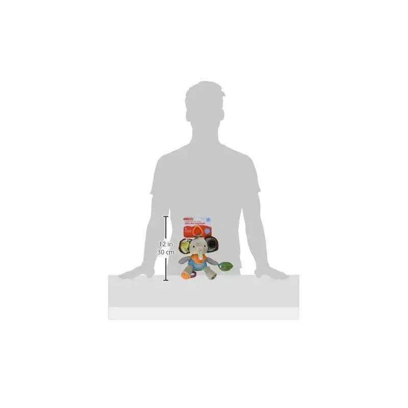 Elephant-shaped stroller toy with colorful rings, measuring 12 inches tall, displayed beside a silhouette of a person.