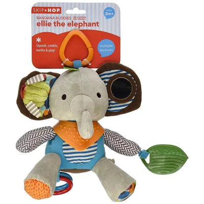 Soft, multi-textured elephant stroller toy with squeak, crinkle sounds, and teething features, suitable for ages 3 months and up.