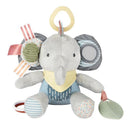 Soft elephant activity toy with textured surfaces, a clip for attachment, colorful patterns, and sensory elements for babies.