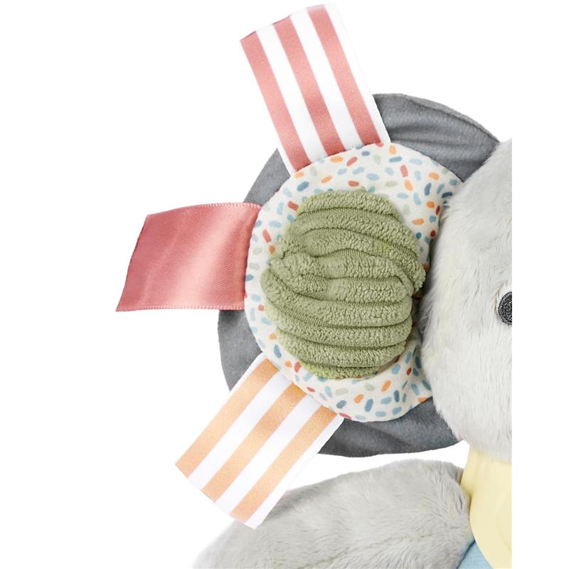 Soft textured elephant plush toy with colorful ribbons and varied fabric textures, designed for baby activity.