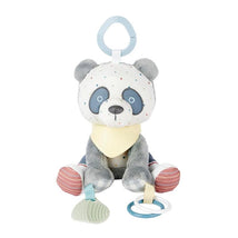 Soft plush panda toy with colorful patterns, chewable rings, and a hanging clip for baby activities.