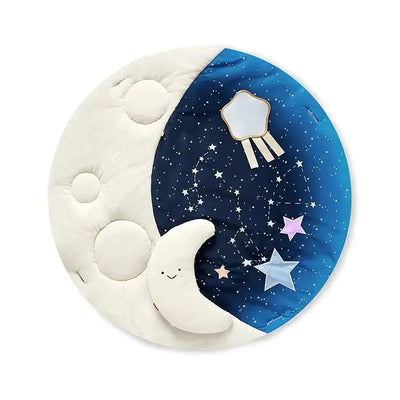 Celestial-themed baby play mat with a soft moon shape, star designs, and a mirrored star for sensory play.