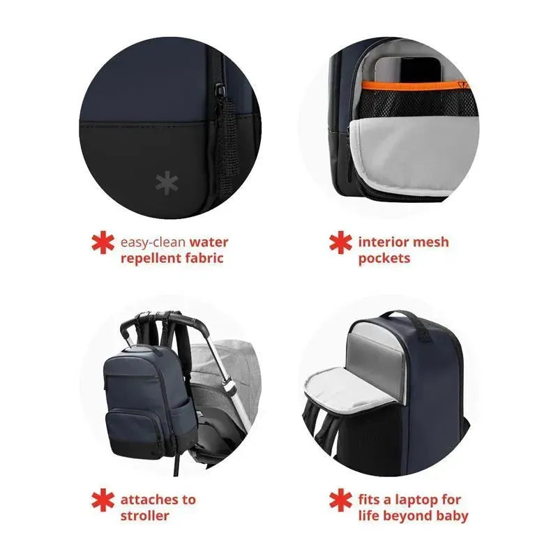 Navy Skip Hop Flex Sporty Diaper Bag Backpack features water-repellent fabric, interior mesh pockets, and stroller attachment.