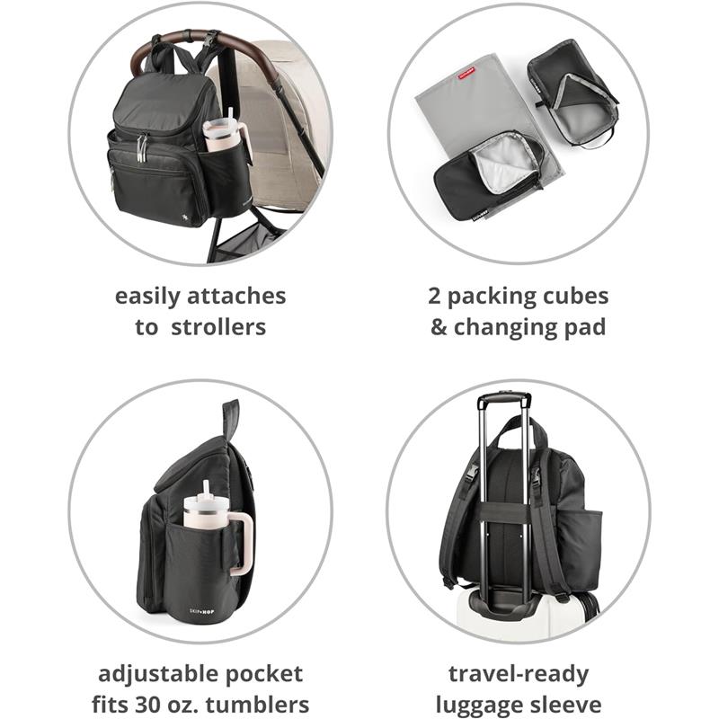 Skip Hop Diaper Bag Backpack Forma Next Oat features adjustable pockets, portable changing pad, and packing cubes.