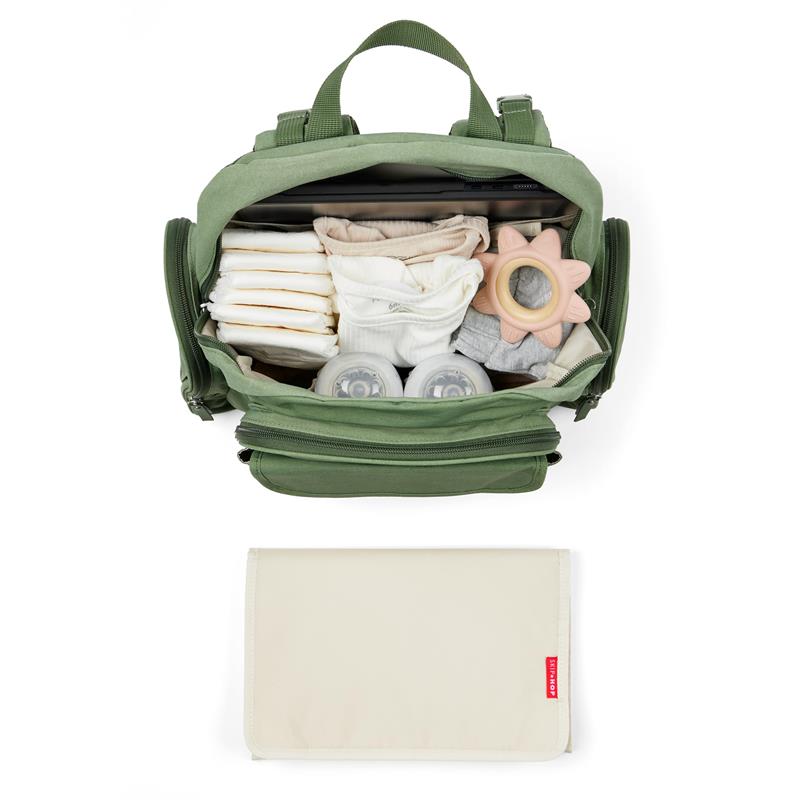 Skip Hop Diaper Bag Backpack in sage color, filled with diapers and baby items, with a portable changing pad below.