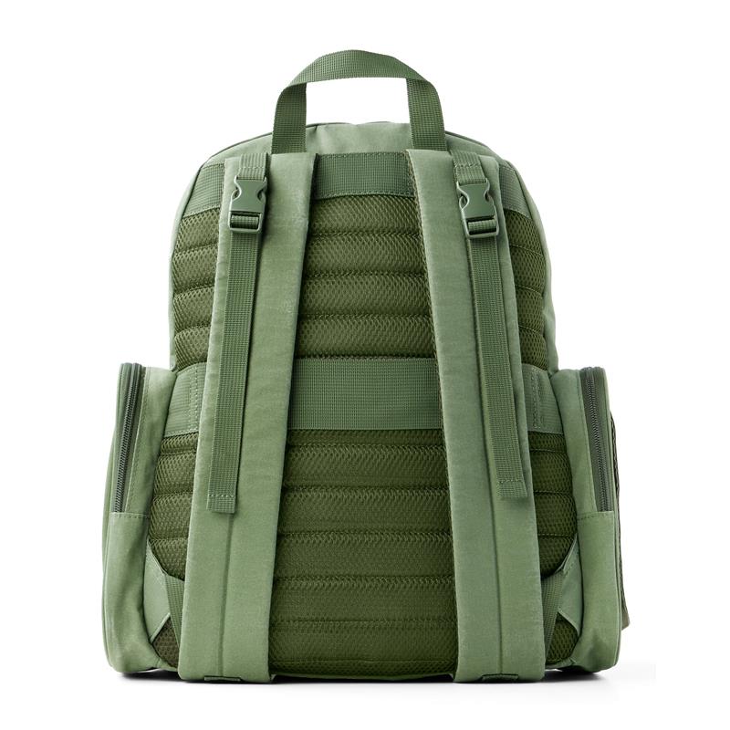 Skip Hop Diaper Bag Backpack in Sage color, featuring padded back panel, adjustable straps, and side pockets.