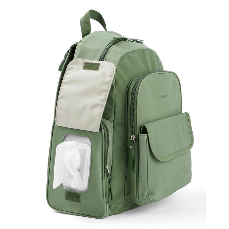 Diaper bag backpack in sage green, featuring multiple pockets and a side compartment for wipes.