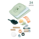 Toddler sensory playset with 24 pieces, including a green scoop, colorful molds, and a lid for creative water play.