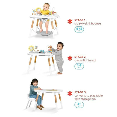 Montessori-inspired 3-stage activity center and play table for ages 4 months and up, featuring various toys and interactive elements.